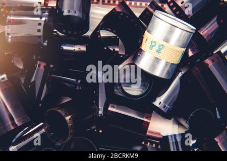 Pile of Film Negatives Closeup Photo. Analog Photography Concept. Stock Photo