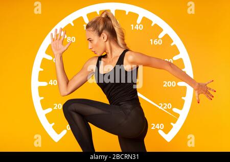 Side view of strong sportswoman running on orange background, collage with velocity meter Stock Photo
