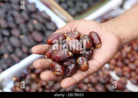 Close up of date fruit on man hand. Stock Photo