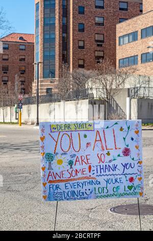 Detroit, Michigan - A homemade sign in front of Ascension St. John Hospital honors medical personnel working through the coronavirus crisis. Stock Photo