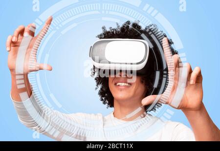 Creative collage of black guy in vr headset touching vitrual screen Stock Photo