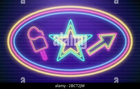 Led neon star vector. Colorful disco party sign. Arrow casino frame. Night pointer for bar in blue colors. Retro style background art. Neon icecream Stock Vector