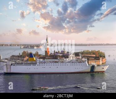 San Giorgo island against giant ship in Venice, Italy Stock Photo