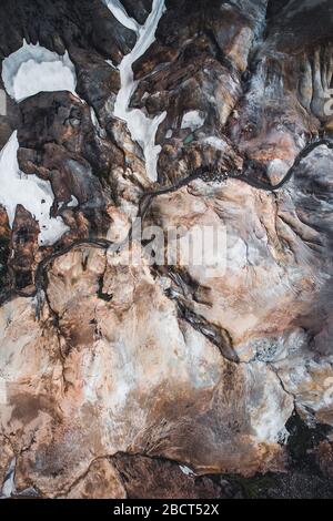 Drone aerial view of Kerlingarfjoll, Geothermal Area highland of Iceland, Europe. Interesting  snow,river and mountain patterns Stock Photo