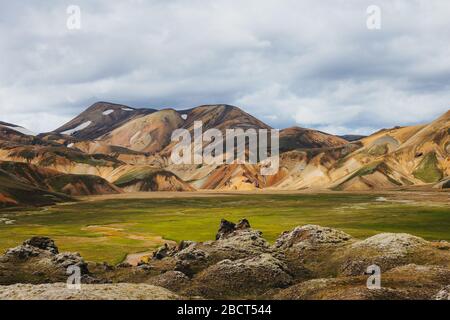 Landmannalaugar, surreal nature scenery landscape in highland of Iceland, Europe. Beautiful colorful snow mountain terrain famous for summer trekking Stock Photo