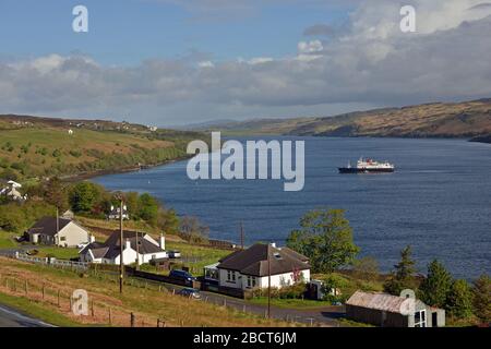 HEBRIDEAN PRINCESS at anchor in the tranquil waters off CARBOST, LOCH HARPORT, SCOTLAND Stock Photo