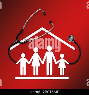 corona virus and lockdown concept, stethoscope with family symbol icon, isolated on red background Stock Photo