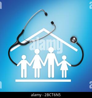 corona virus and lockdown concept, stethoscope with family symbol icon, isolated on blue background Stock Photo