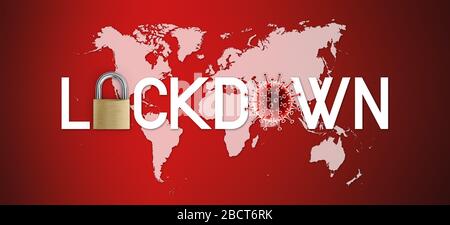 lockdown text written with padlock and corona virus symbol icon on world map in blue background with copy space Stock Photo