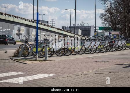 State of epidemic in Warsaw, Poland - bikes at a closed rental station of Veturilo share system, all station was closed due to Coronavirus Stock Photo