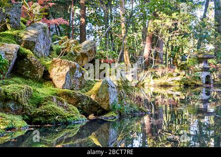 Stones covered in moss reflecting on pond surface Stock Photo