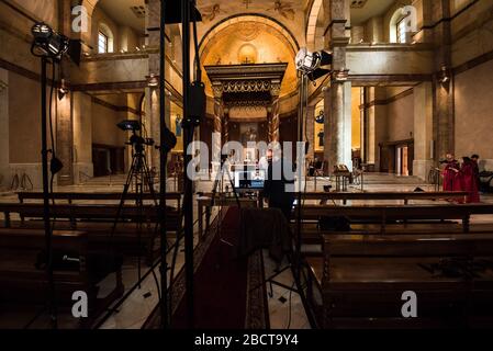 Beirut, Lebanon, 5 April 2020. Palm Sunday mass was live-streamed on Facebook from an empty St George Maronite Cathedral as people were asked not to attend religious gatherings in an effort to slow the spread of novel coronavirus. Elizabeth Fitt Credit: Elizabeth Fitt/Alamy Live News Stock Photo