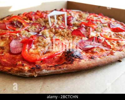 Fresh Hot Pizza Delivered I The Box. Take Away Concept Stock Photo
