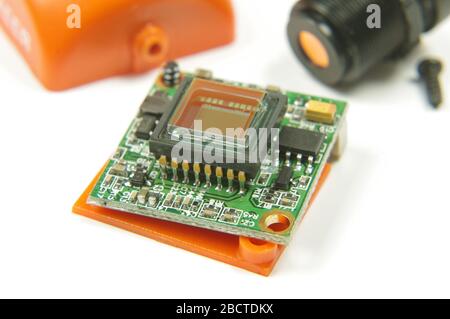 Analog signal camera sensor close up of drone first player view camera Stock Photo