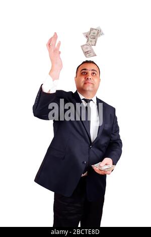 Businessman in formal wear throws up a paper money. Isolate Stock Photo