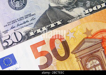 50 euros and 50 American dollars. international finance concept. financial markets. financial exchanges. currency exchange. investment. close-up Stock Photo