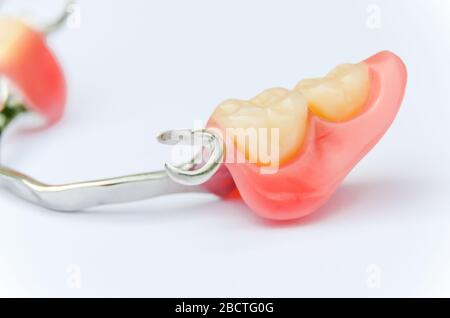 clasp prosthesis on the lower jaw isolated Stock Photo