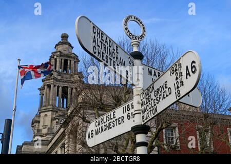 Stockport A6 fingerposts,County Borough, Cheadle,Chester,London,Buxton,Macclesfield,Carlisle,Manchester,Cheshire, England, UK Stock Photo