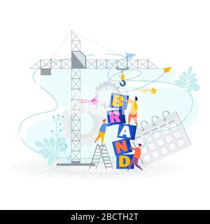 Brand building concept. Tiny people collect word Brand from cubes. Stock Vector