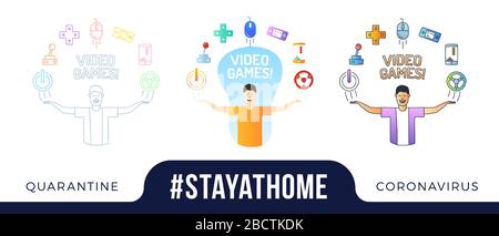 Stay at home concept illustration. a geek man character with hands up and video game doodle icons are arranged in semicircle above the head. Coronavir Stock Vector