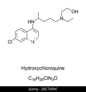 Hydroxychloroquine, formula and structure. HCQ is a medication primarily used to prevent and treat malaria. Also being studied to treat COVID-19. Stock Photo