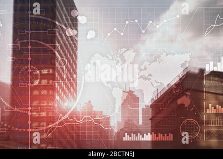Data Analysis. Trading Control Panel on Virtual Screen Modern City Background Stock Photo