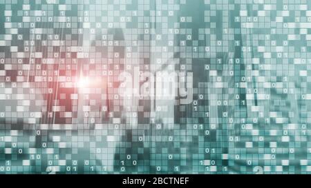 Digital code on blur city background. Abstract Binary code. Stock Photo
