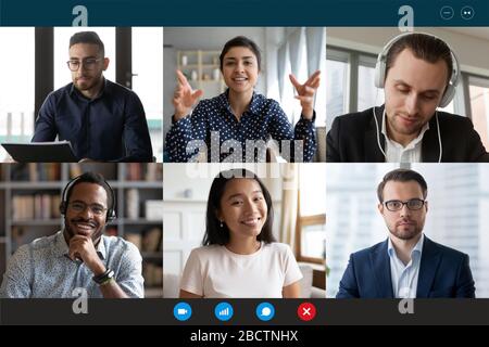 Laptop screen view six multiethnic people involved in group videocall Stock Photo