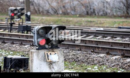 Signal lights on the rail with two colors. Stock Photo