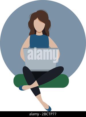 Young female freelancer working at home, flat editable vector illustration, clip art Stock Vector