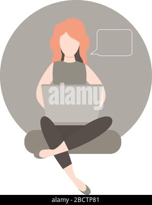Young female freelancer working at home, flat editable vector illustration, clip art with speech bubble Stock Vector