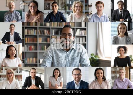 Webcam view people engaged in videoconference lead by african leader Stock Photo