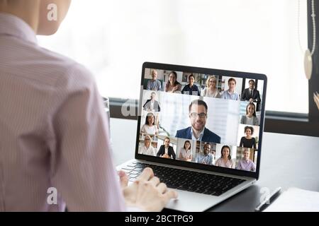 Multiracial people involved in group video call pc screen view Stock Photo