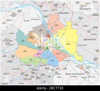 road and administrative vector map of the city of vienna and its surrounding communities Stock Vector