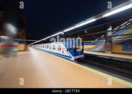 MADRID, SPAIN - APRIL 13, 2019: Inside empty Metro wagons on Line 9, an unusual sight for this type of transport. The Metro of Madrid is usually much Stock Photo