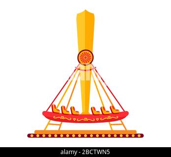 Boat carousel in amusement park flat. Colorful childrens riding ship, swing cartoon style. Attraction swinging boat, fairground carousel. Festivals su Stock Vector