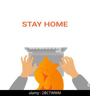 Working from home or remotely: hands typing on laptop and red cat. Digital drawing can be used in greeting cards, posters, flyers, banners, logos, web design, etc. Flat vector illustration. EPS10 Stock Vector