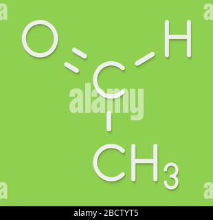 Acetaldehyde (ethanal) molecule, chemical structure. Acetaldehyde is a toxic molecule responsible for many symptoms of alcohol hangover.  Skeletal for Stock Photo