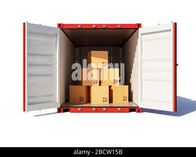 Opened cargo container with cardboards. 3d rendering illustration Stock Photo