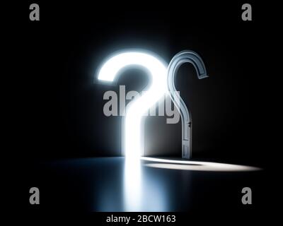 Answers to the question door shape. The opened doors in form of question sign in the dark room. 3d rendering illustration Stock Photo