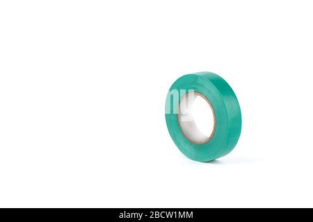 Green insulating tape to insulate twisted of electrical wires. Insulating tape isolated on white background. Copy space. Stock Photo