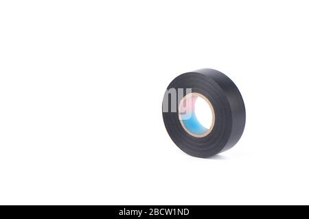 Black insulating tape to insulate twisted of electrical wires. Insulating tape isolated on white background. Copy space. Stock Photo