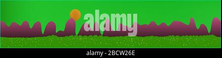 Green sky, and mountains landscape. Panoramic horizontal design. Trendy panoramic design. Cool glass print fantasy. Horizon, smoot. Old game style. Stock Vector