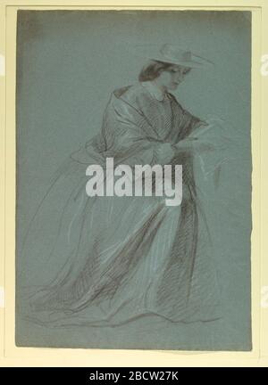 Mrs Sheppard Gandy Seated. Research in ProgressFull-length, seated portrait of a woman wearing a shawl and a wide-brimmed hat. She is turned towards the right, examining a piece of cloth in her hands. Verso: Sketch of an elderly man standing and reading. Mrs Sheppard Gandy Seated Stock Photo