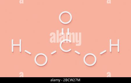 Carbonic acid molecule. Formed when carbon dioxide is dissolved in water (carbonated water). Skeletal formula. Stock Photo