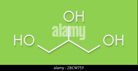 Glycerol (glycerin) molecule. Produced from fat and oil triglycerides. Used as sweetener, solvent and preservative in food and drugs. Skeletal formula Stock Photo