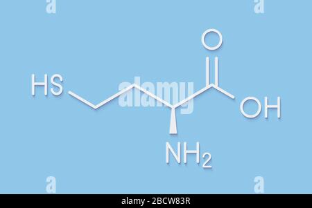 Homocysteine (Hcy) biomarker molecule. Increased levels indicate elevated risk of cardiovascular disease. Skeletal formula. Stock Photo