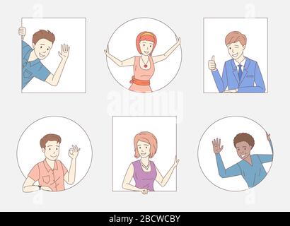 Group of happy smiling people showing thumbs up, ok sign, waving hello. Young women and men vector cartoon outline illustration. Friends, company staff, colleagues, business people characters. Stock Vector