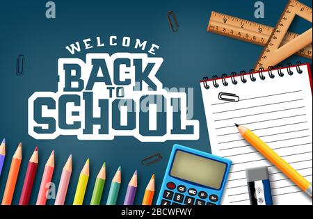 Welcome back to school vector concept design. Welcome back to school text in blue background with school supplies and education elements. Stock Vector