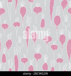 Pink and White Radish Drawing Seamless Pattern on Grey Background. Harvesting Season. Fresh Vegetables Stock Vector